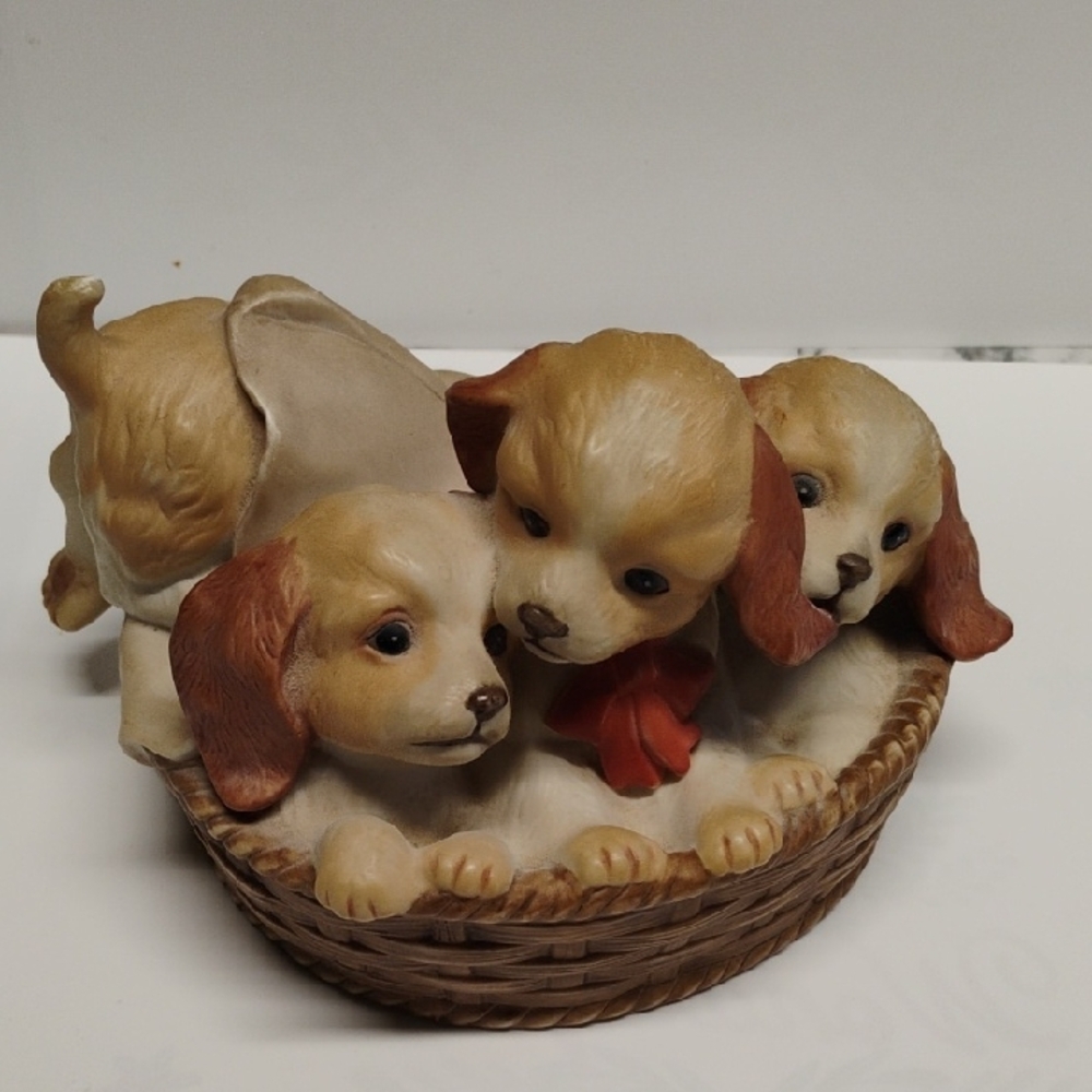 Cream and Brown Puppy Trio in Woven Basket Decorative Figurine